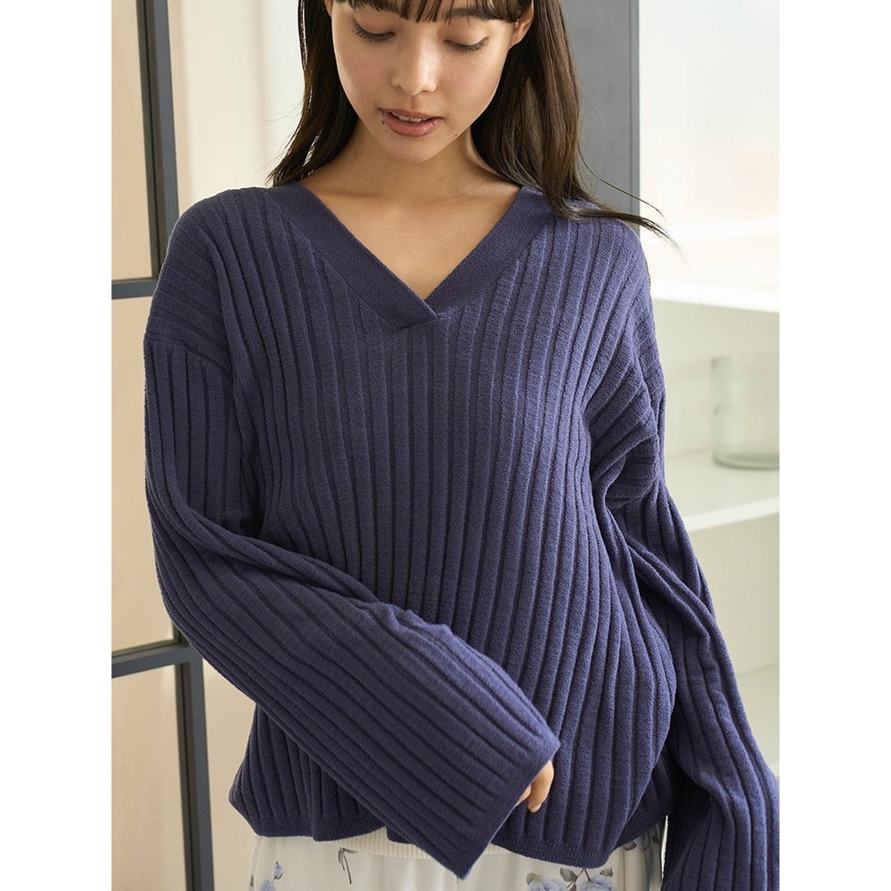 Gelato Pique Ribbed Top Size OS Navy V-Neck Airy Loungewear Staycation Japan